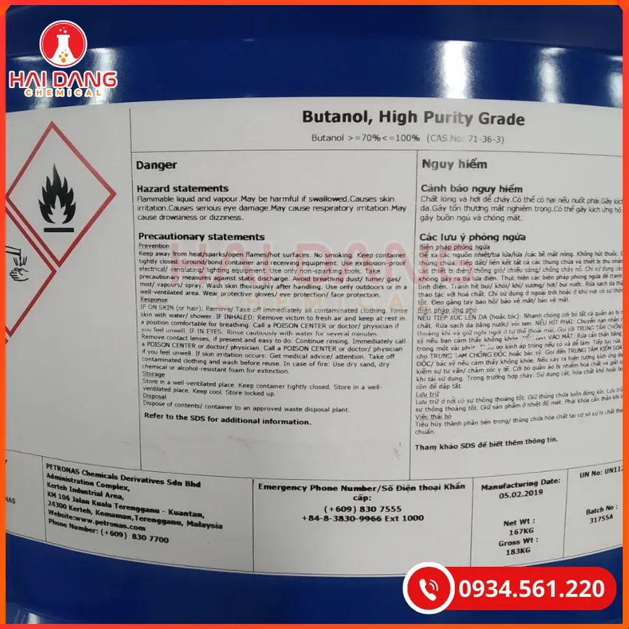 N-Butanol Malaysia 165kg/Phuy Dung Môi Công Nghiệp | Giá Tốt Quảng Ninh